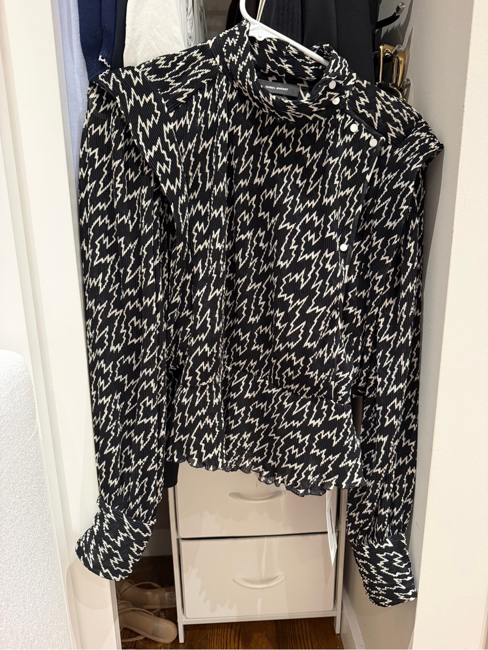Isabel Marant Anais 36 Black and Cream Zigzag Print High-Neck Blouse